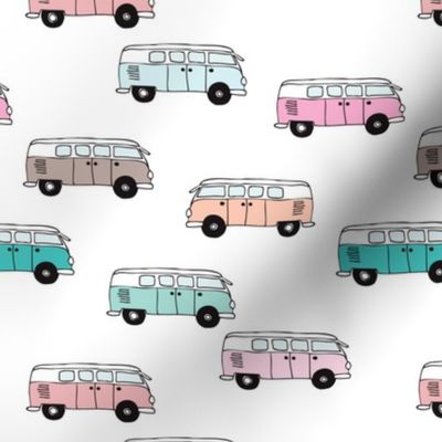 Cute vintage summer hippie van in blue coral mint and pink illustration pattern for kids girls version