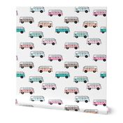 Cute vintage summer hippie van in blue coral mint and pink illustration pattern for kids girls version