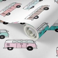 Cute vintage summer hippie van in blue coral mint and pink illustration pattern for kids girls version