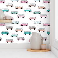 Cute vintage summer hippie van in blue coral mint and pink illustration pattern for kids girls version