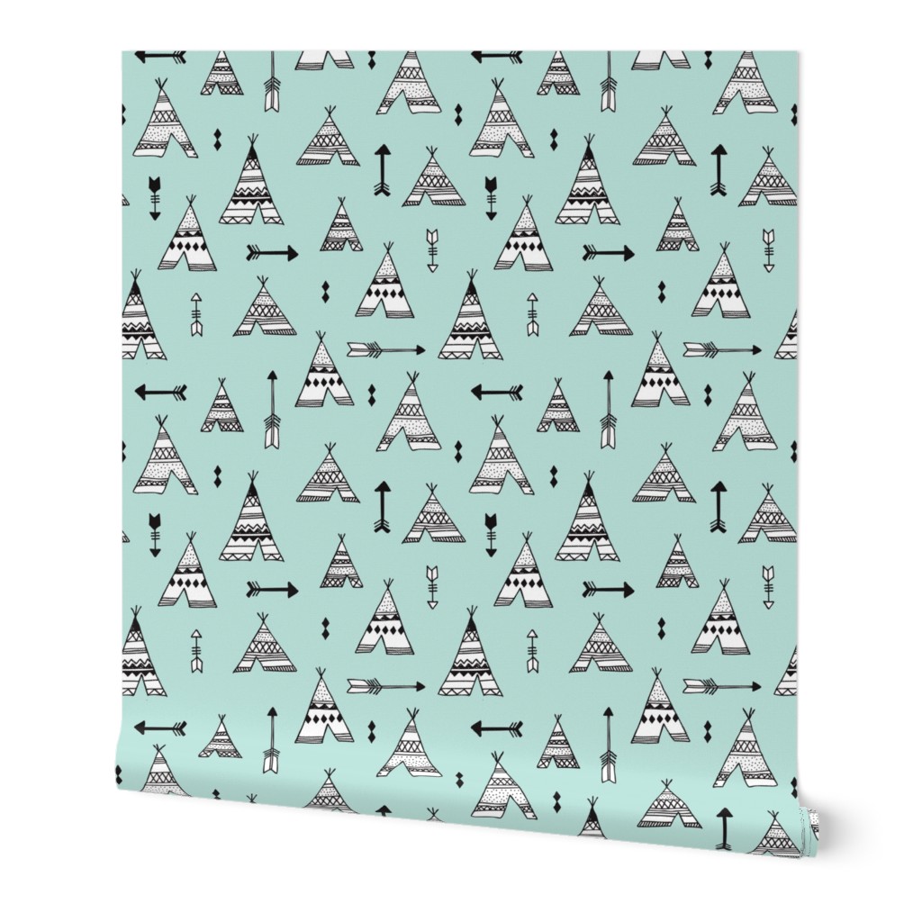 Trendy teepee and indian summer arrow illustration geometric aztec print in mint