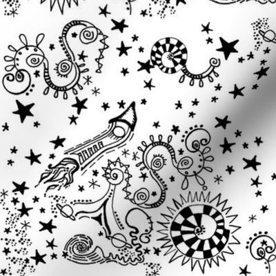 Bohemian Sky | Space Travel |Cosmic Black and White Doodles | Space Ships and Stars | Zen Doodle |  