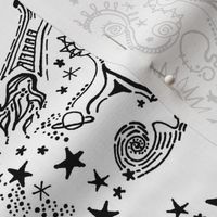 Bohemian Sky | Space Travel |Cosmic Black and White Doodles | Space Ships and Stars | Zen Doodle |  