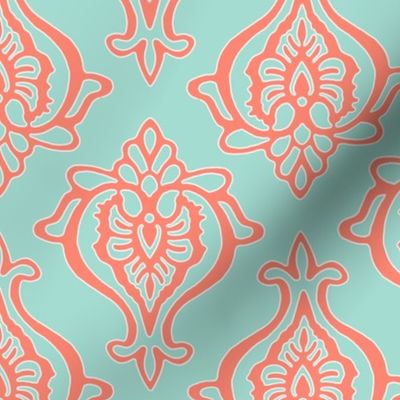 Indian Damask - coral on mint