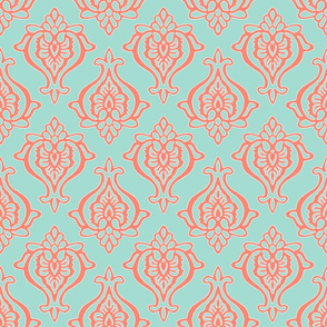 Indian Damask - coral on mint