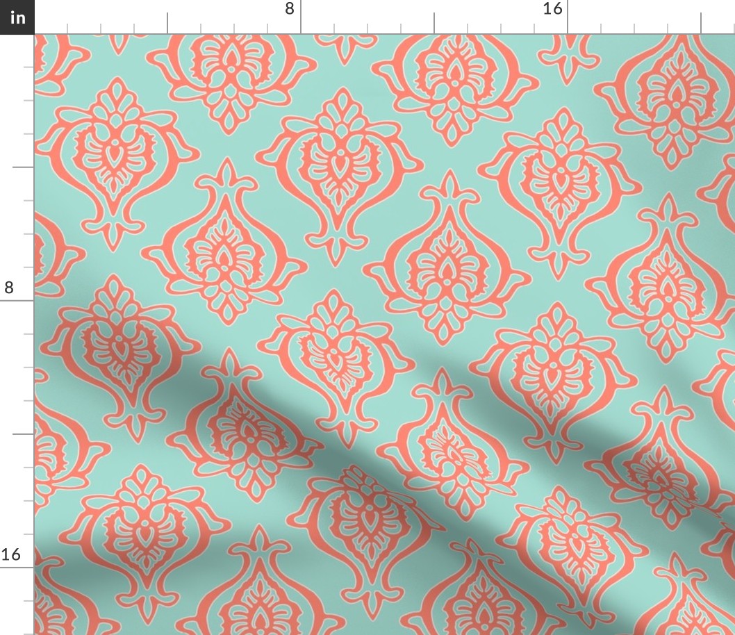 Indian Damask - coral on mint