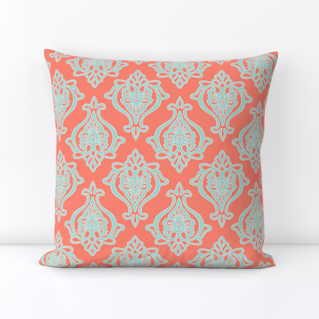 Indian Damask in Mint on Coral