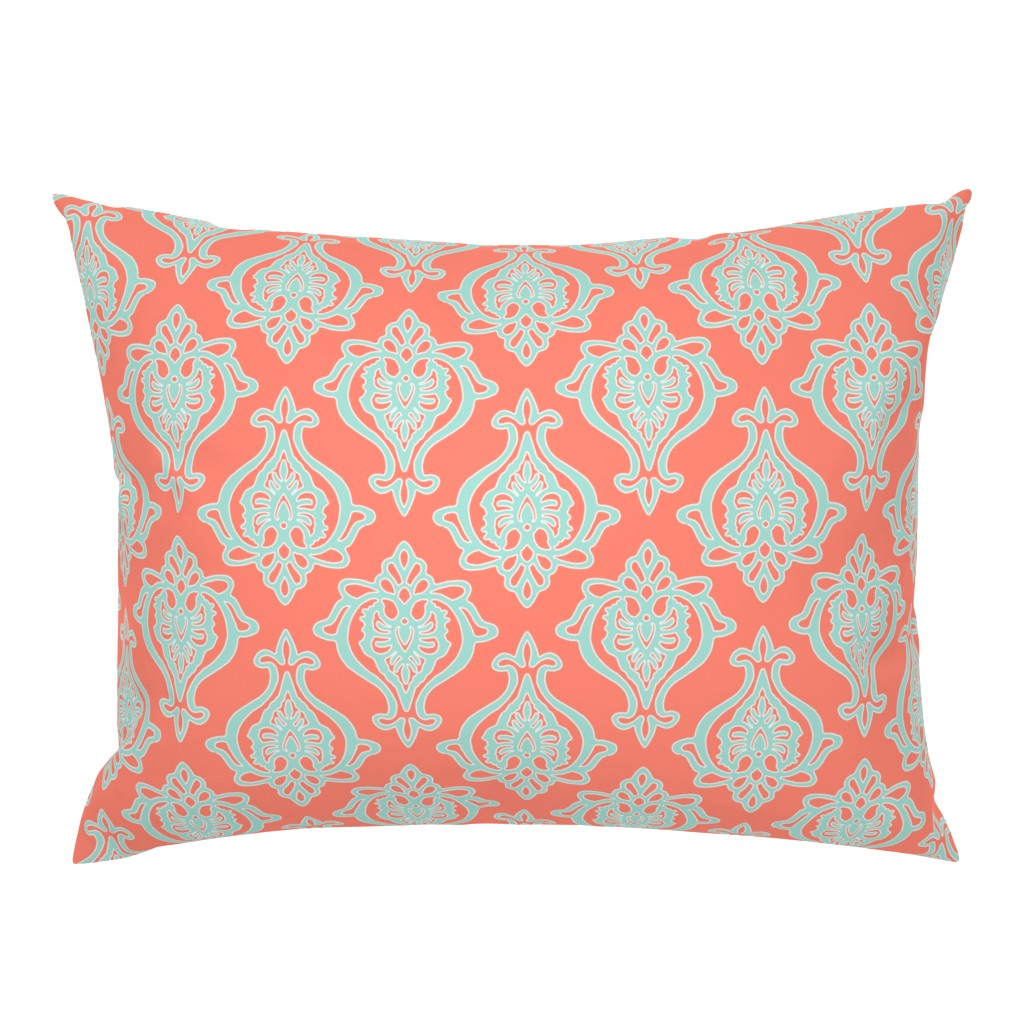 Indian Damask in Mint on Coral