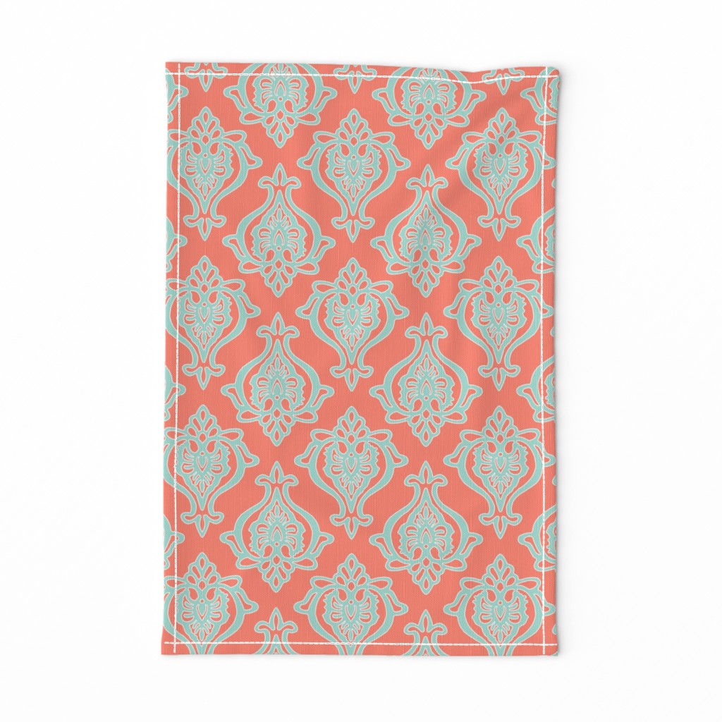 Indian Damask in Mint on Coral