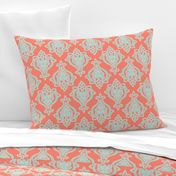 Indian Damask in Mint on Coral
