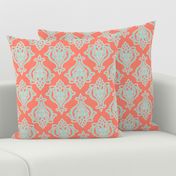 Indian Damask in Mint on Coral