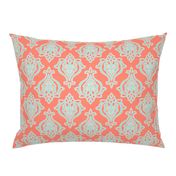 Indian Damask in Mint on Coral