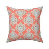 Indian Damask in Mint on Coral