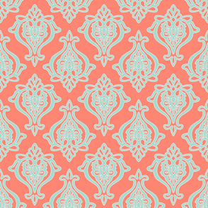 Indian Damask in Mint on Coral