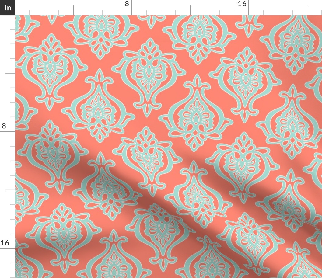 Indian Damask in Mint on Coral