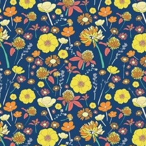 Wildflowers - Yellow and Red Floral pattern on navy Blue by Sarah Price