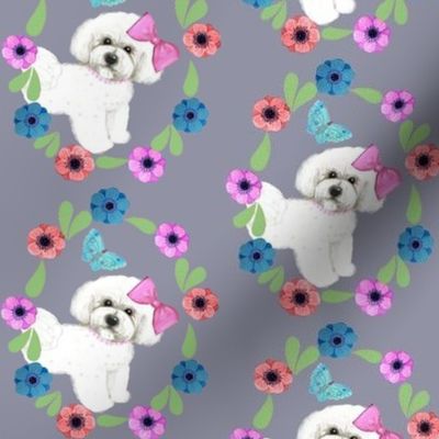 Bichon Frise  flower Garden with anemone flowers and butterflies