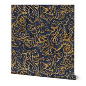 Here There Be Dragons ~ Gilt Gold on Denim Linen 