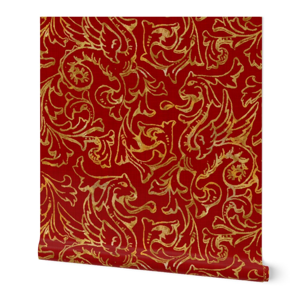 Here There Be Dragons ~ Gilt Gold on Royal Red Linen 