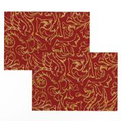 Here There Be Dragons ~ Gilt Gold on Royal Red Linen 