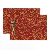 Here There Be Dragons ~ Gilt Gold on Royal Red Linen 