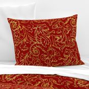 Here There Be Dragons ~ Gilt Gold on Royal Red Linen 