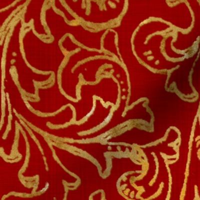 Here There Be Dragons ~ Gilt Gold on Royal Red Linen 