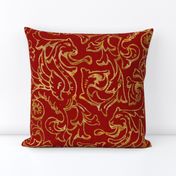 Here There Be Dragons ~ Gilt Gold on Royal Red Linen 