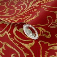 Here There Be Dragons ~ Gilt Gold on Royal Red Linen 