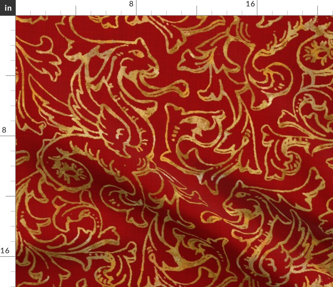 Here There Be Dragons ~ Gilt Gold on Royal Red Linen 