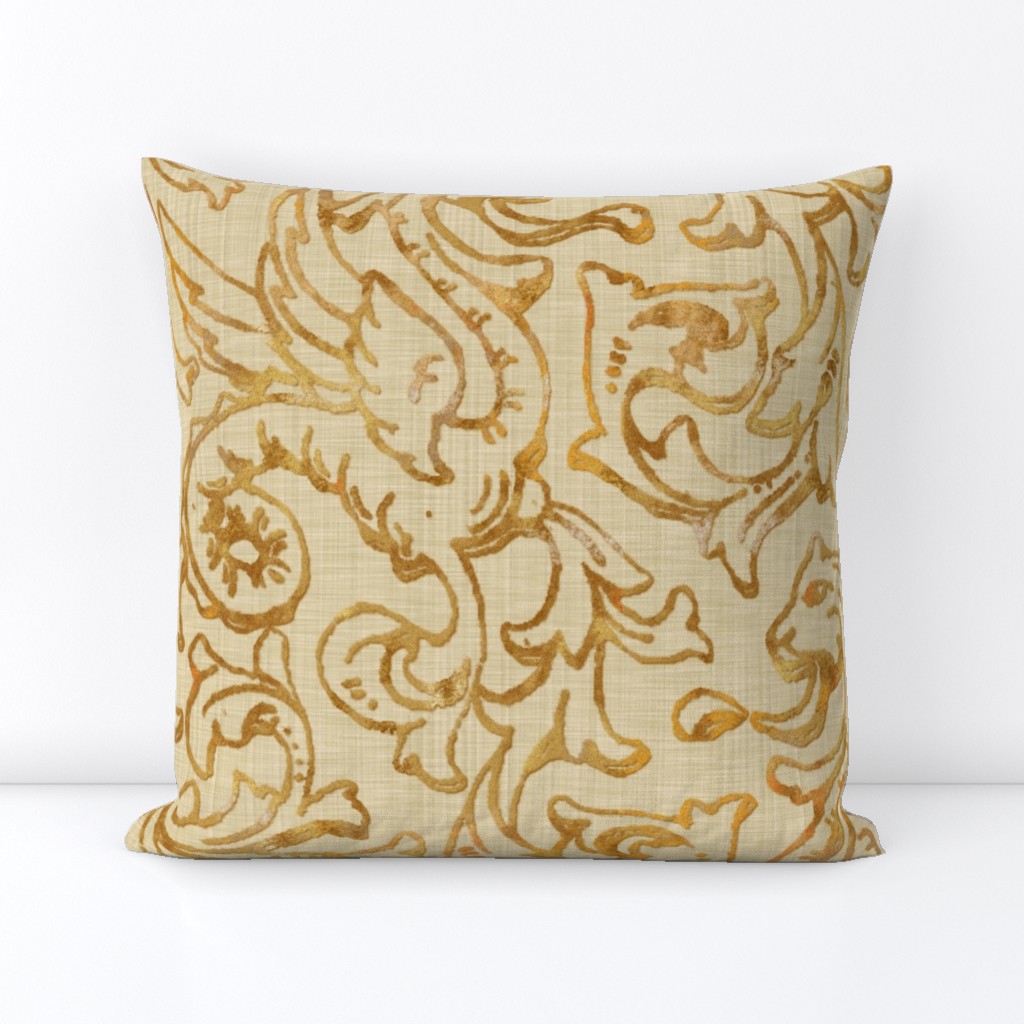 Here There Be Dragons ~ Gilt Gold on Bleached Cream Linen 