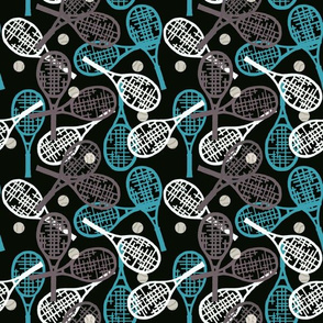 Tennis Racquets in Teals, Grays & Whites on Black