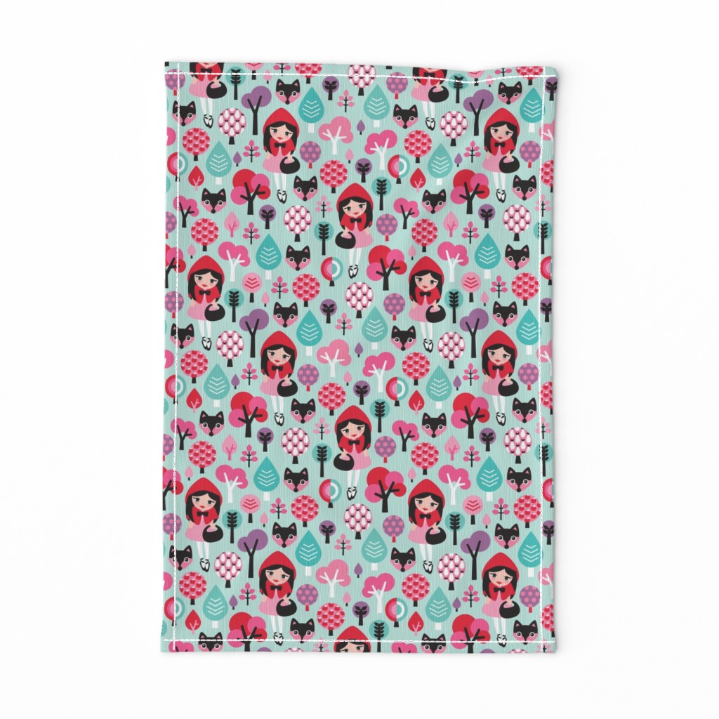 Red riding hood sweet girl woodland fox and apple tree summer print