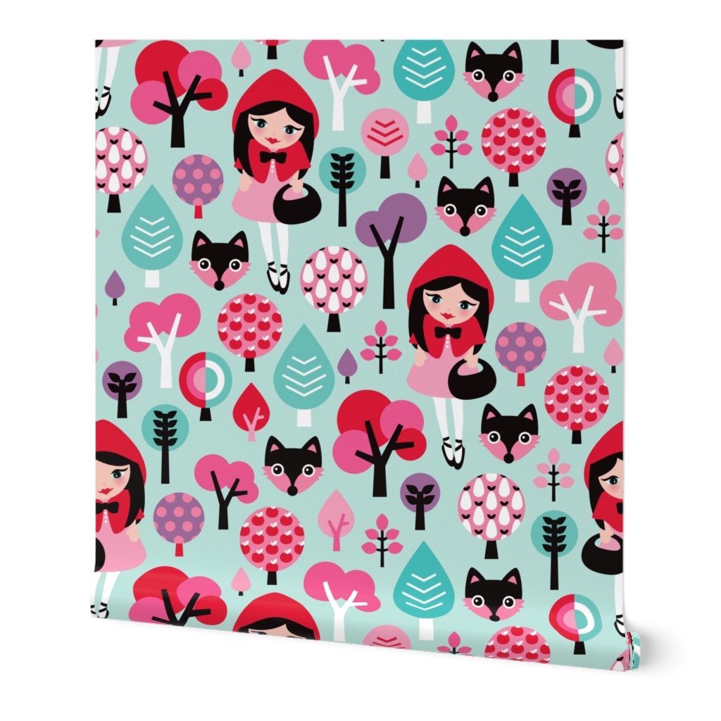 Red riding hood sweet girl woodland fox and apple tree summer print