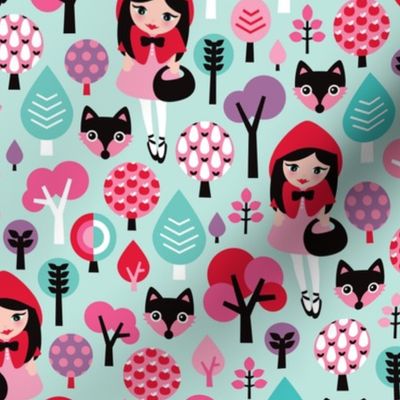 Red riding hood sweet girl woodland fox and apple tree summer print