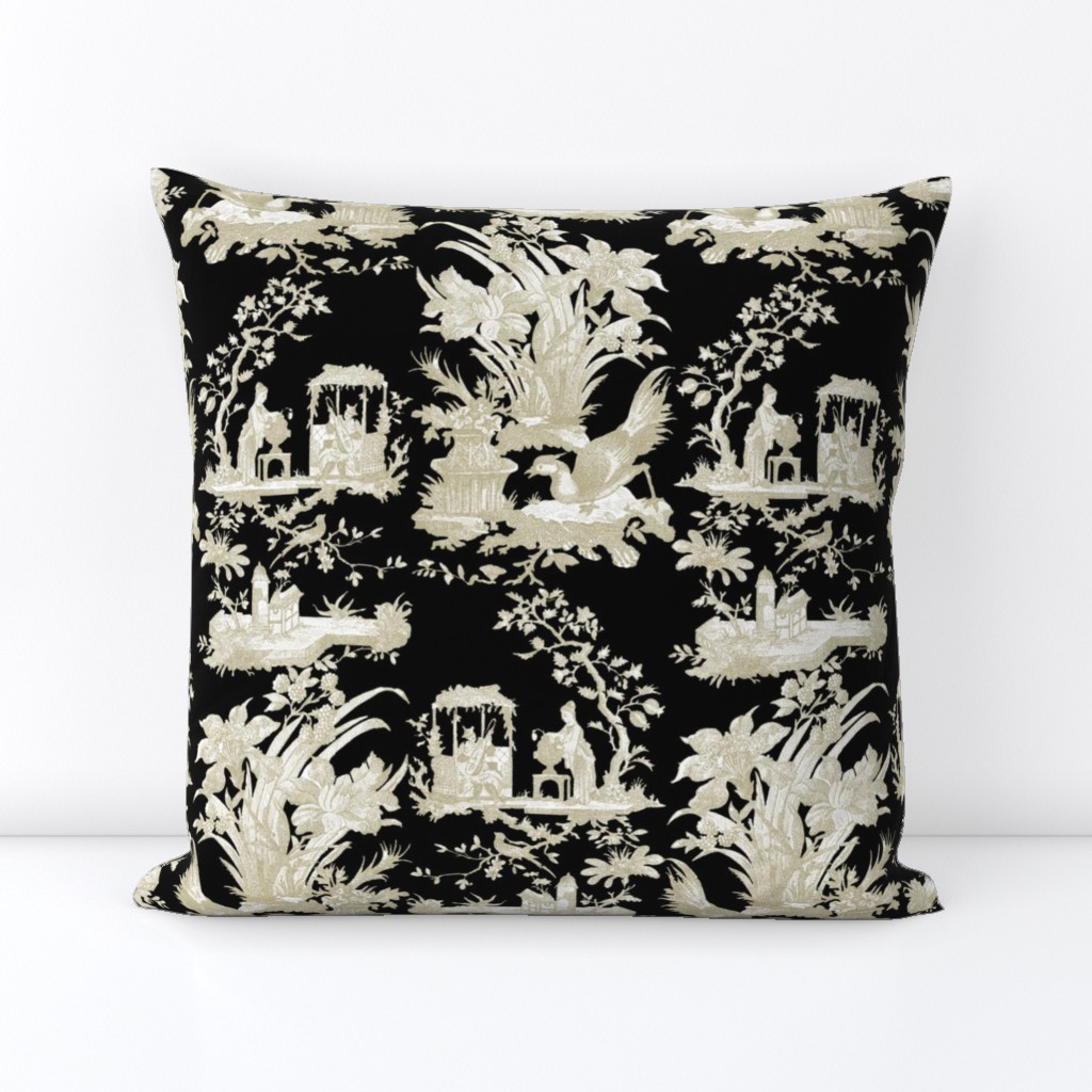 Chinoiserie Toile ~ Linen and White on Black 