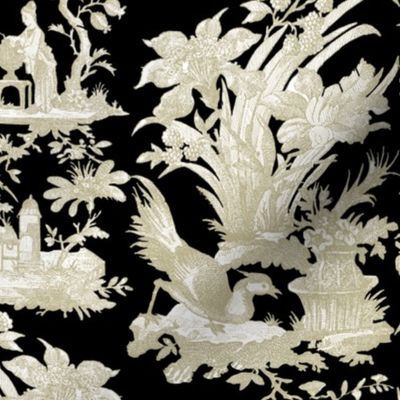 Chinoiserie Toile ~ Linen and White on Black 