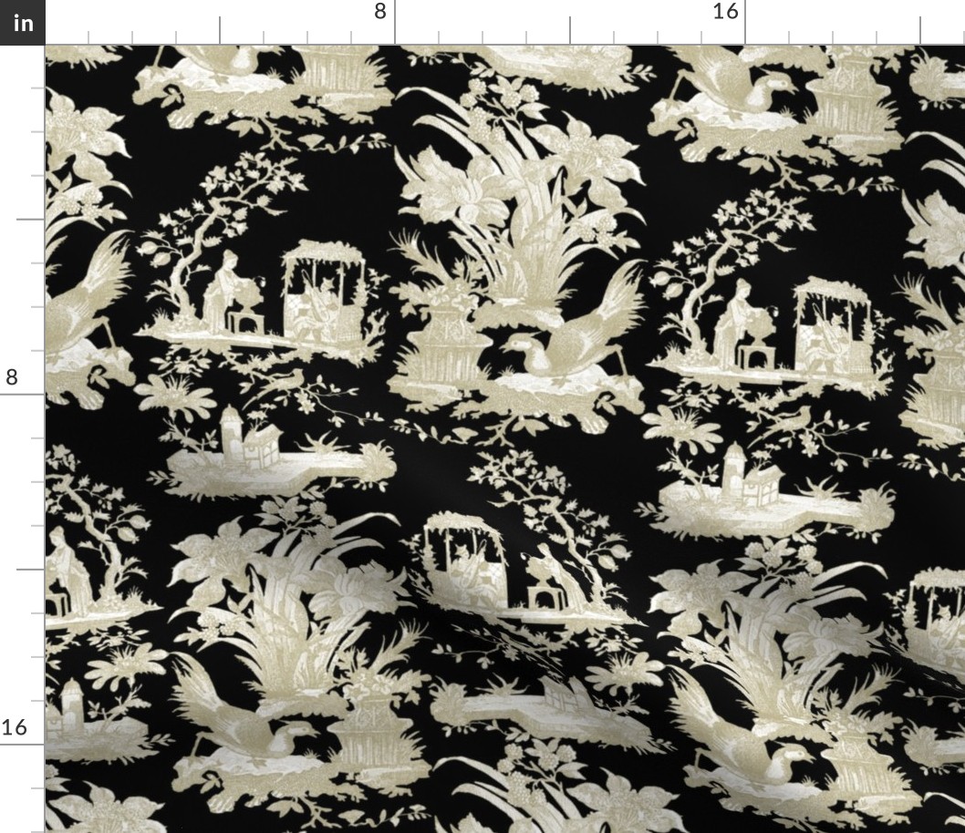 Chinoiserie Toile ~ Linen and White on Black 