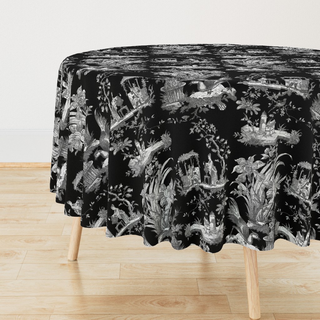 Chinoiserie Toile ~ Black and White on Black 