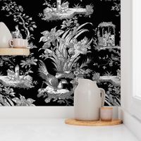 Chinoiserie Toile ~ Black and White on Black 