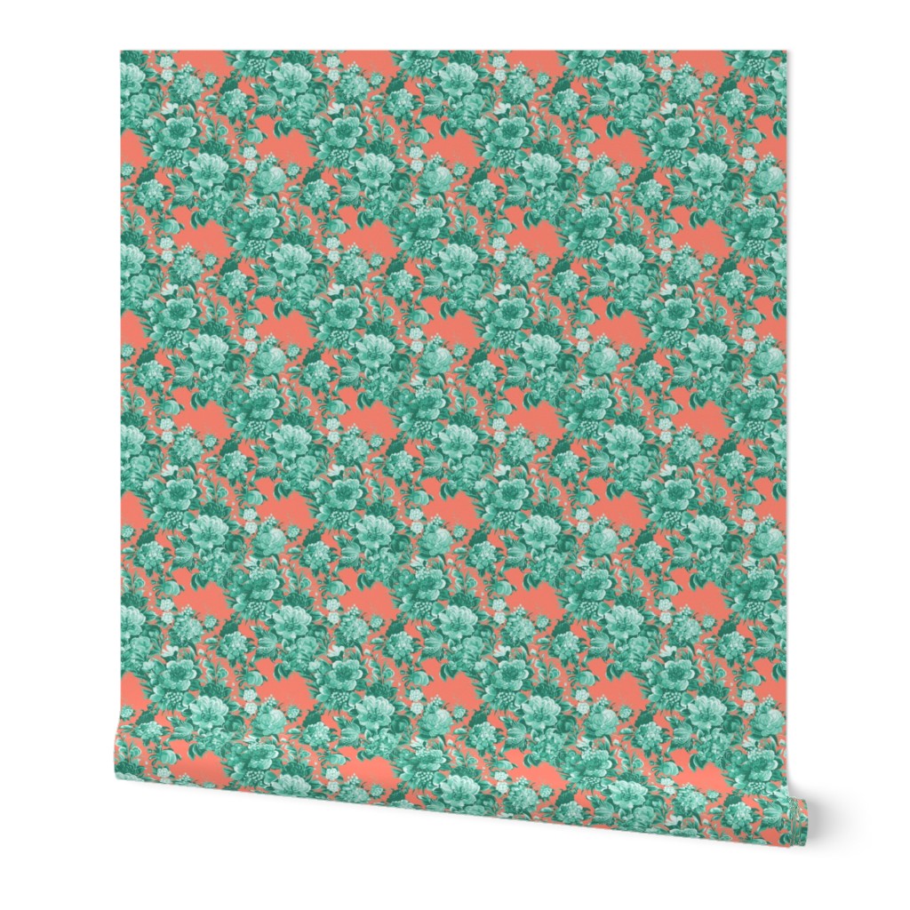 Mid Century Modern Floral Cocktail ~ Mint and Coral Two Tone 