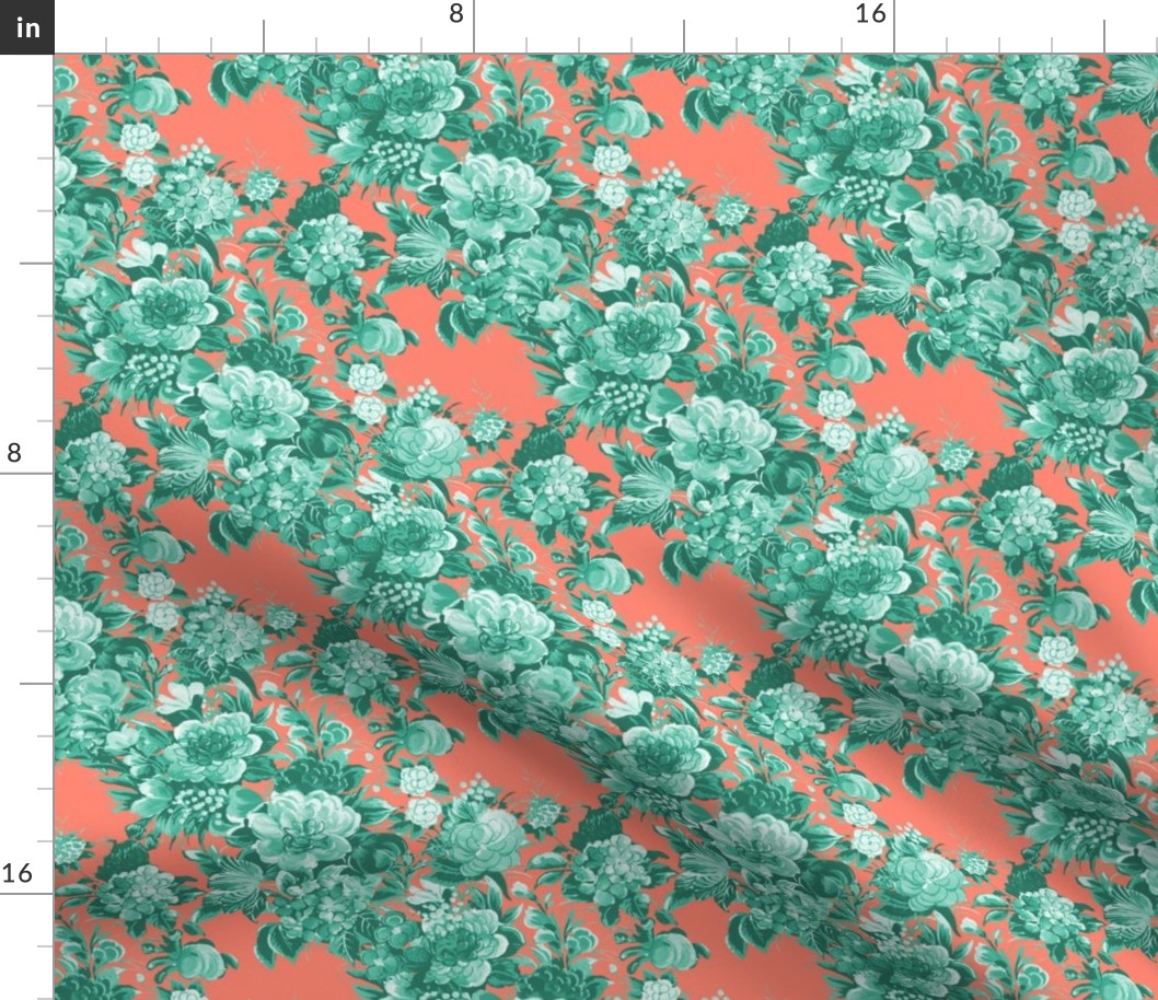 Mid Century Modern Floral Cocktail ~ Mint and Coral Two Tone 