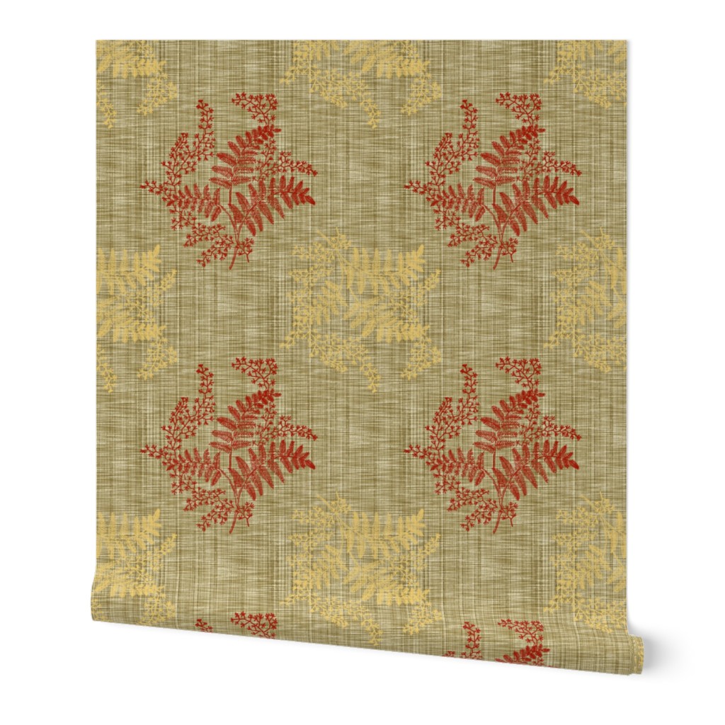 Caroline Calico ~ Rococo Gold and Turkey Red on Linen Luxe 