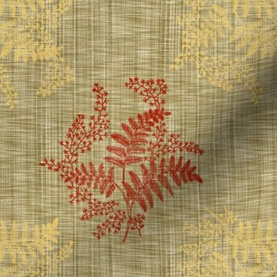 Caroline Calico ~ Rococo Gold and Turkey Red on Linen Luxe 