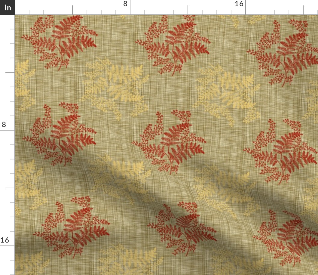 Caroline Calico ~ Rococo Gold and Turkey Red on Linen Luxe 