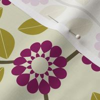 Cheerful plum flowers and olive leaves on cream, blending vibrancy with earthy tones.