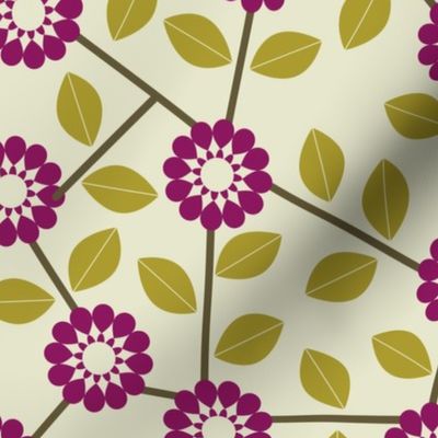 Cheerful plum flowers and olive leaves on cream, blending vibrancy with earthy tones.