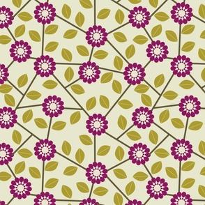 Cheerful plum flowers and olive leaves on cream, blending vibrancy with earthy tones.