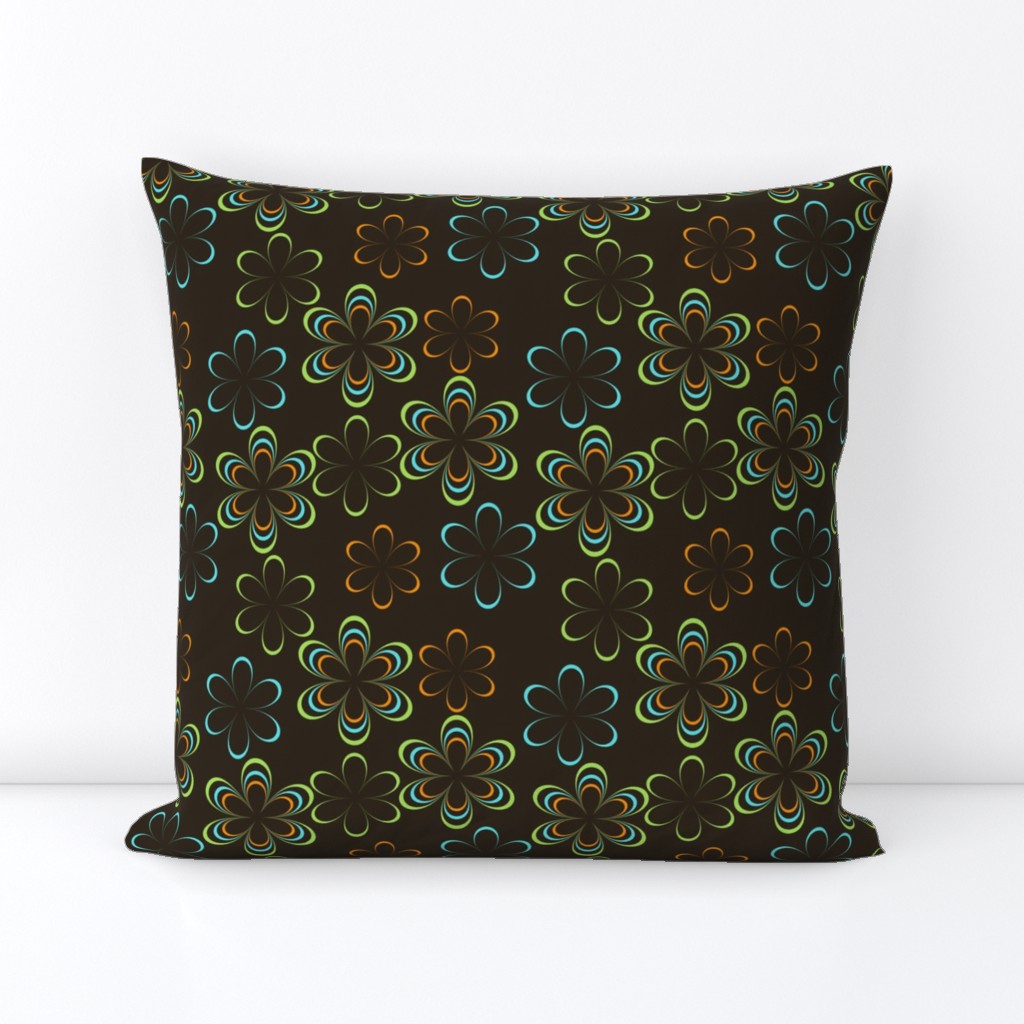 Neon-outlined florals in blue, orange, and green on dark, retro energizing pattern.