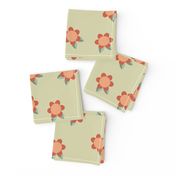 Retro coral blooms with a hand-drawn feel on mint green.